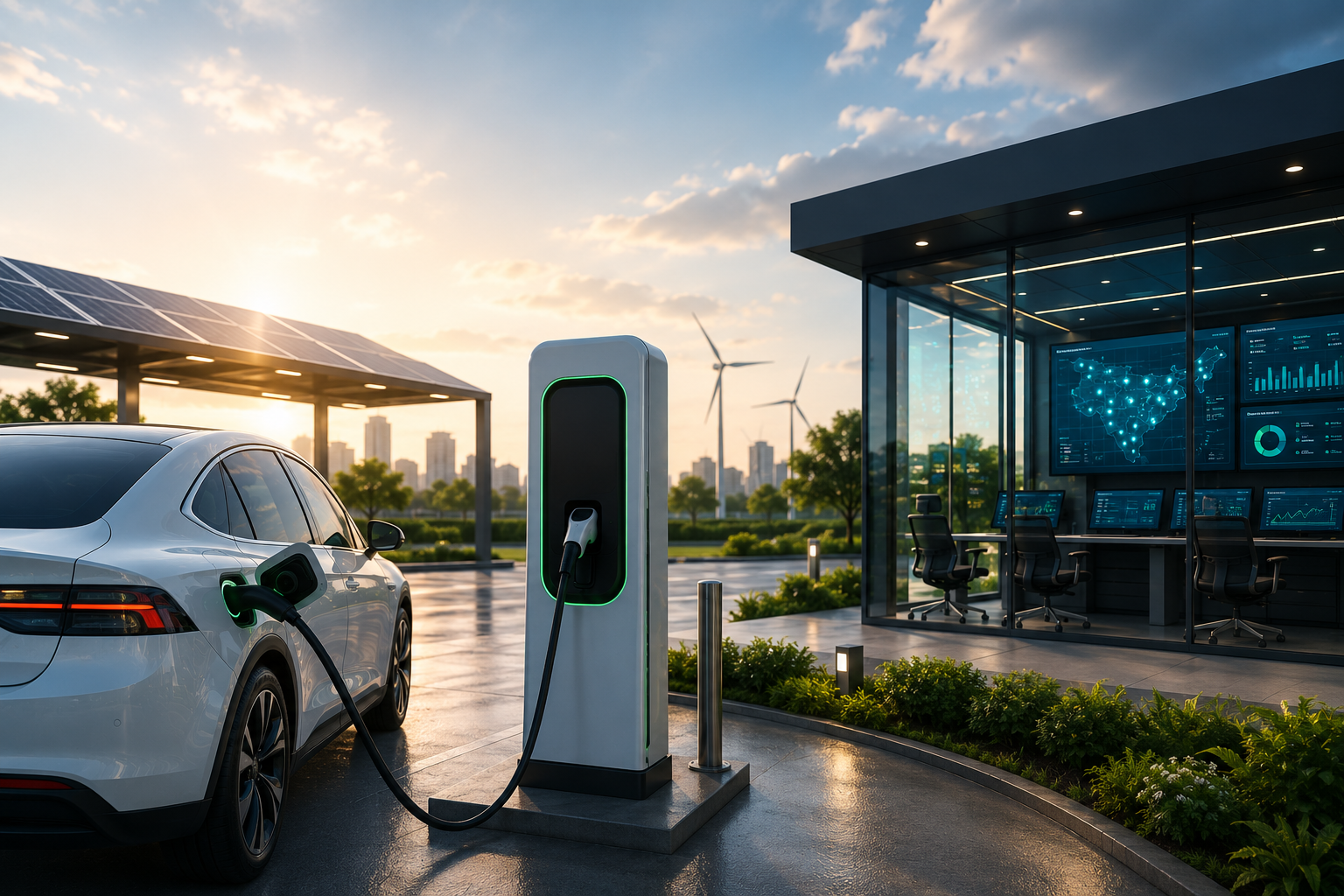Futuristic EV charging hub at sunset