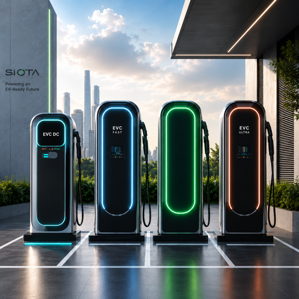 Futuristic EV charging station at sunset