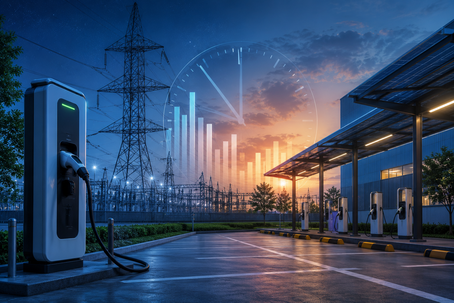 Futuristic energy hub at dusk