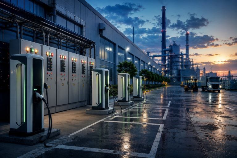 Industrial EV charging at dusk