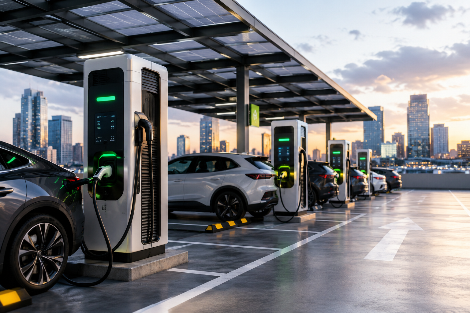 Modern EV charging hub at sunset