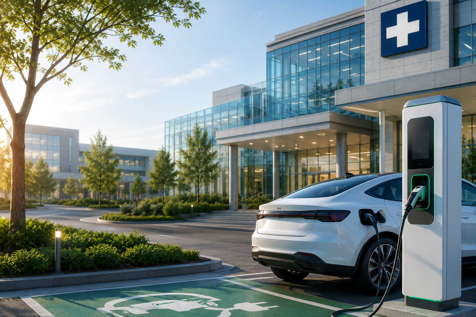 Modern hospital entrance with EV charging